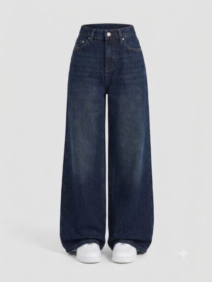 Dark blue high-waist wide leg denim jeans featuring a classic five-pocket design, premium denim fabric, and a relaxed modern fit.