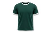 Olive green ringer T-shirt featuring white contrast collar and sleeve cuffs with a soft premium cotton fabric.