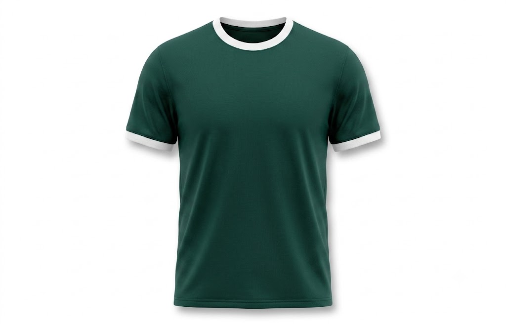 Olive green ringer T-shirt featuring white contrast collar and sleeve cuffs with a soft premium cotton fabric.