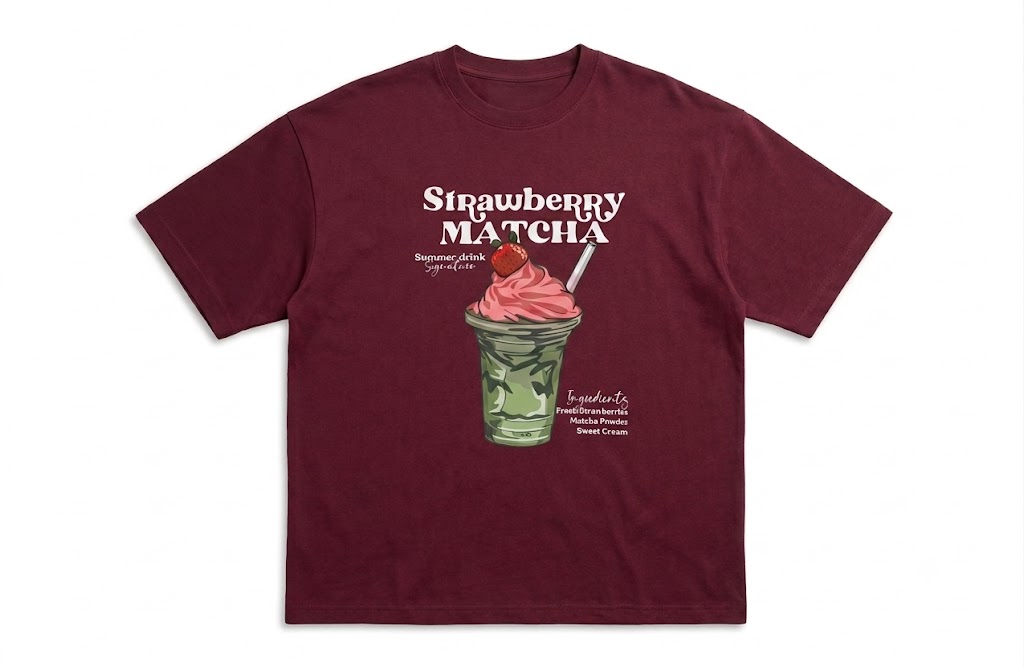 Burgundy oversized graphic T-shirt featuring a Strawberry Matcha drink print on the front with soft premium cotton fabric.