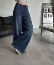 Dark blue high-waist wide leg denim jeans featuring a classic five-pocket design, premium denim fabric, and a relaxed modern fit.