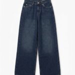 Dark blue high-waist wide leg denim jeans featuring a classic five-pocket design, premium denim fabric, and a relaxed modern fit.