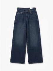 Dark blue high-waist wide leg denim jeans featuring a classic five-pocket design, premium denim fabric, and a relaxed modern fit.