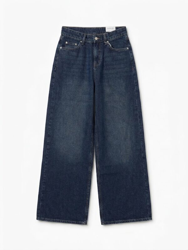 Dark blue high-waist wide leg denim jeans featuring a classic five-pocket design, premium denim fabric, and a relaxed modern fit.