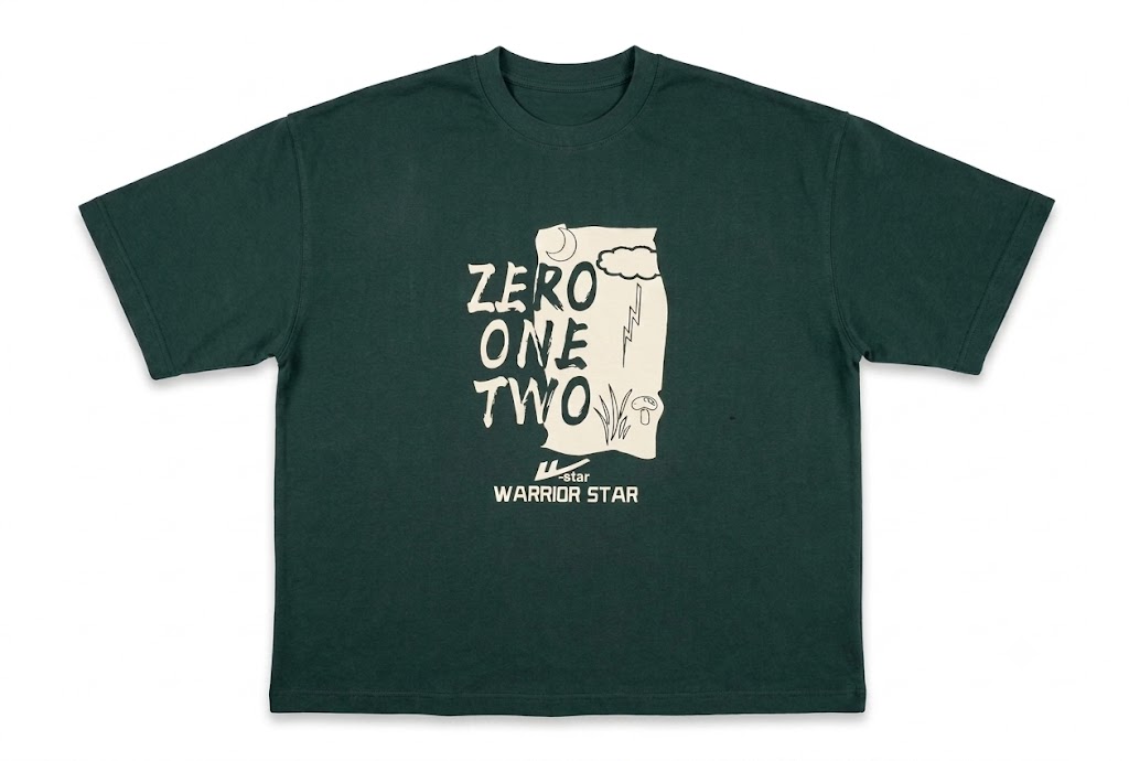 Dark green oversized graphic T-shirt featuring a "ZERO ONE TWO" front print with illustrated artwork and a soft cotton fabric.
