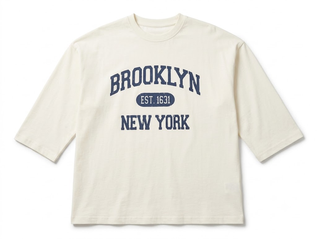 Off-white oversized long sleeve T-shirt featuring a Brooklyn New York graphic print on the front, crafted from soft premium cotton for everyday comfort.